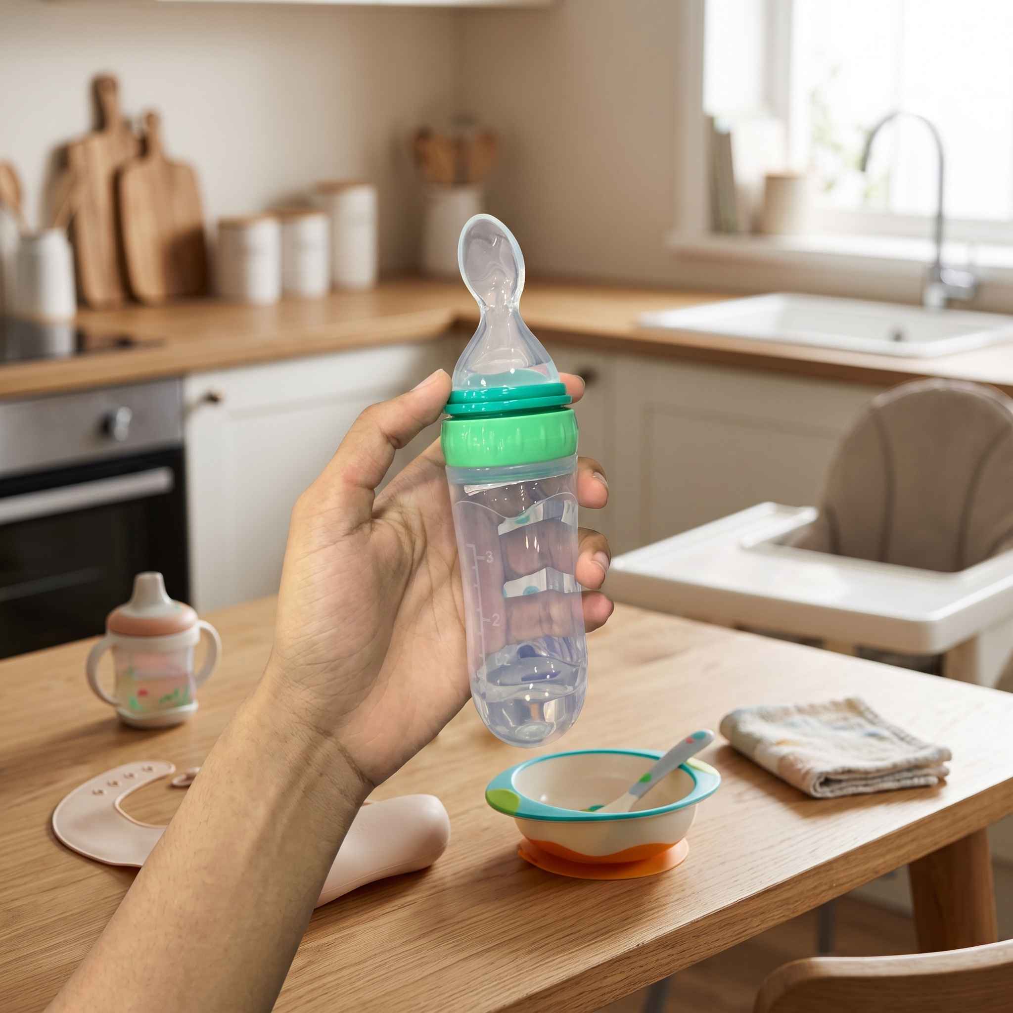 Imported Premium 90ml Baby Spoon Feeder – Full Soft Silicone Squeezy Training Bottle for Semi-Solid Food, Milk & Fruit Mash - Random Color