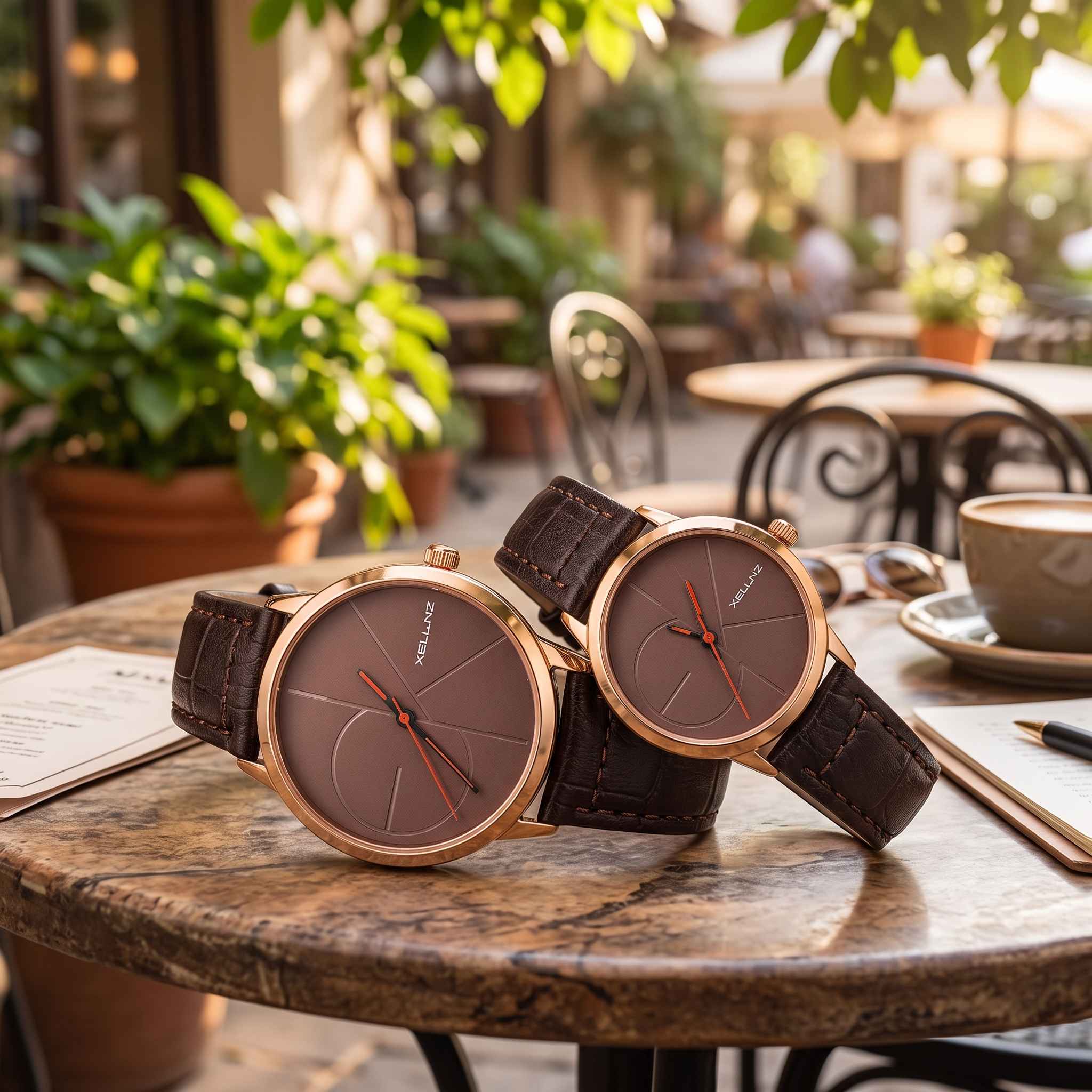 XELLNZ Couple Watch Set - Brown Dial with Leather Strap