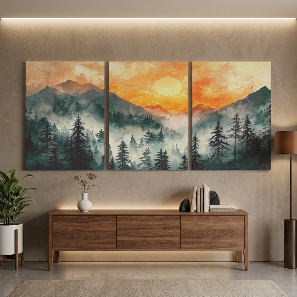 3-Piece Misty Mountain Sunset Landscape Wall Art Frames Set