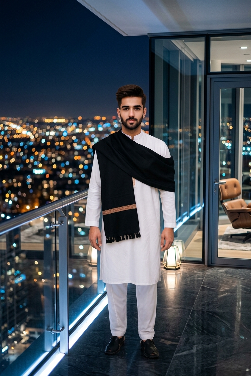 Men's Wool Pashmini Winter Shawl - Black view 2