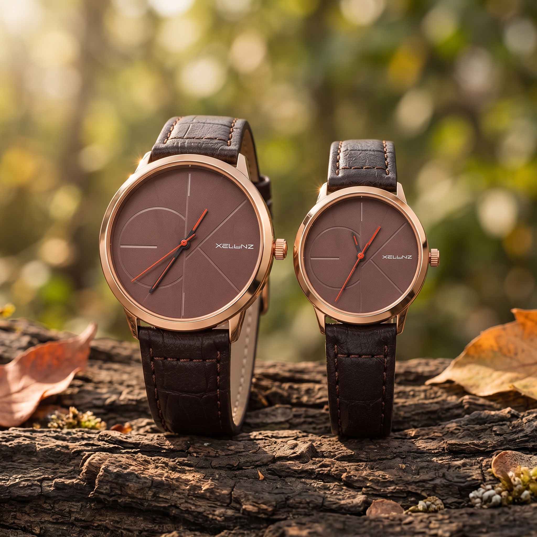 XELLNZ Couple Watch Set - Brown Dial with Leather Strap view 3
