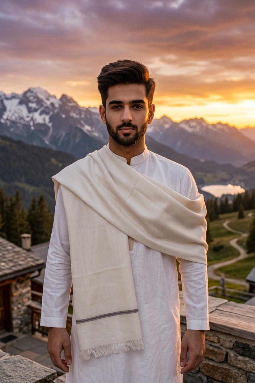 Premium Men's Wool Pashmini Winter Shawl - White view 2