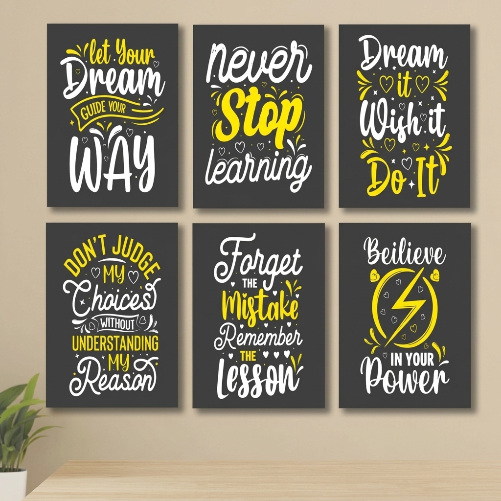 6-Piece Modern Typography MDF Wall Art Frames Set (Premium Edition)