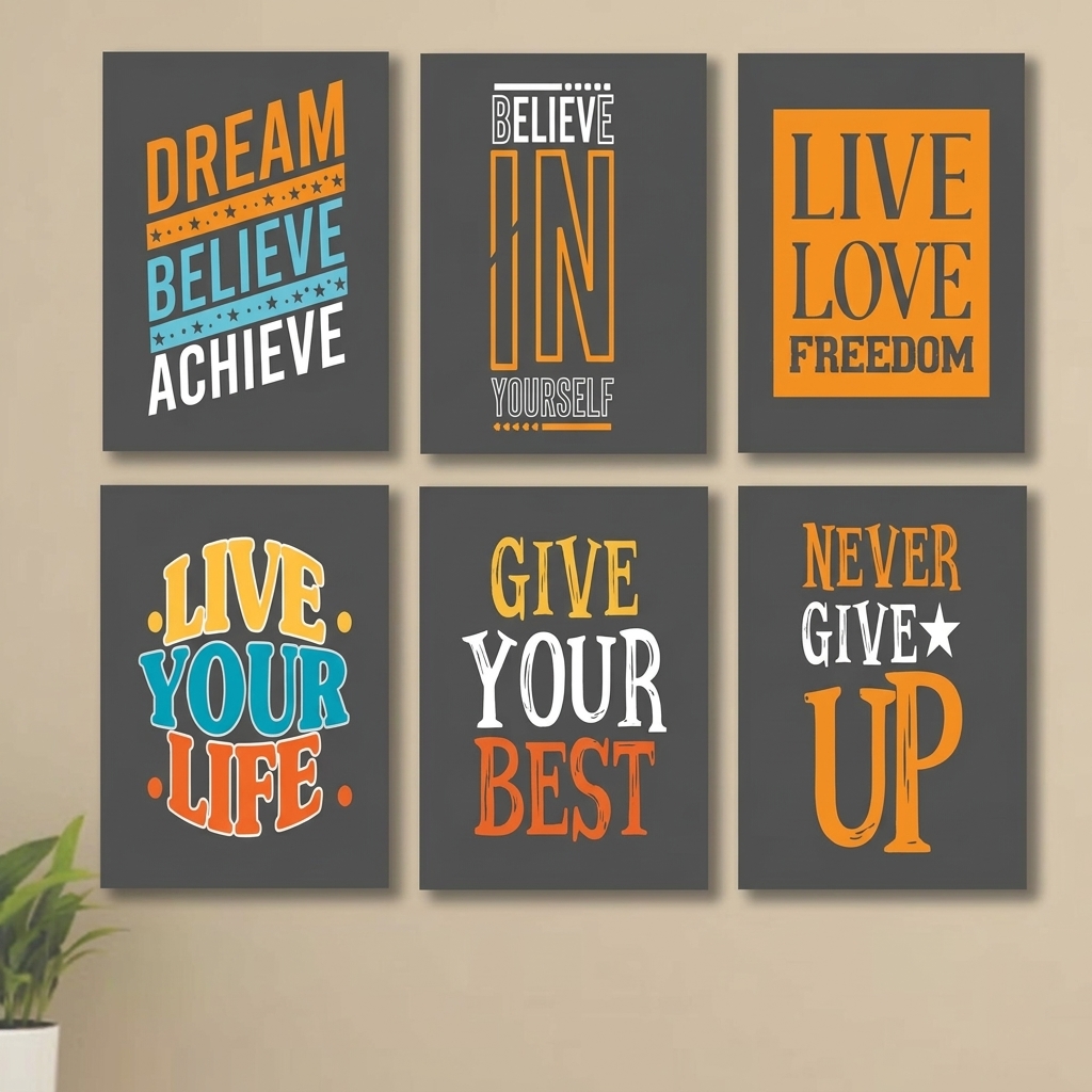 6-Piece Artistic Quotes MDF Wall Art Frames Set (Elegant Design)