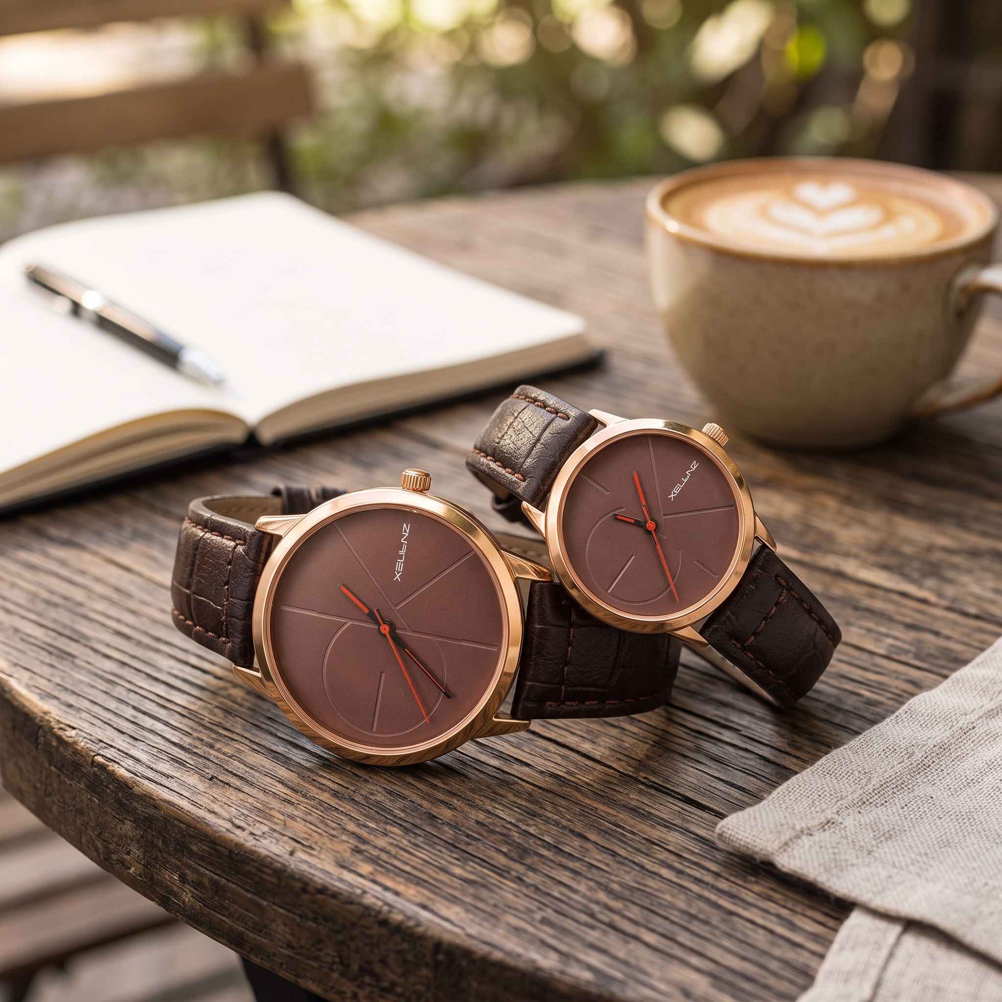 XELLNZ Couple Watch Set - Brown Dial with Leather Strap view 2