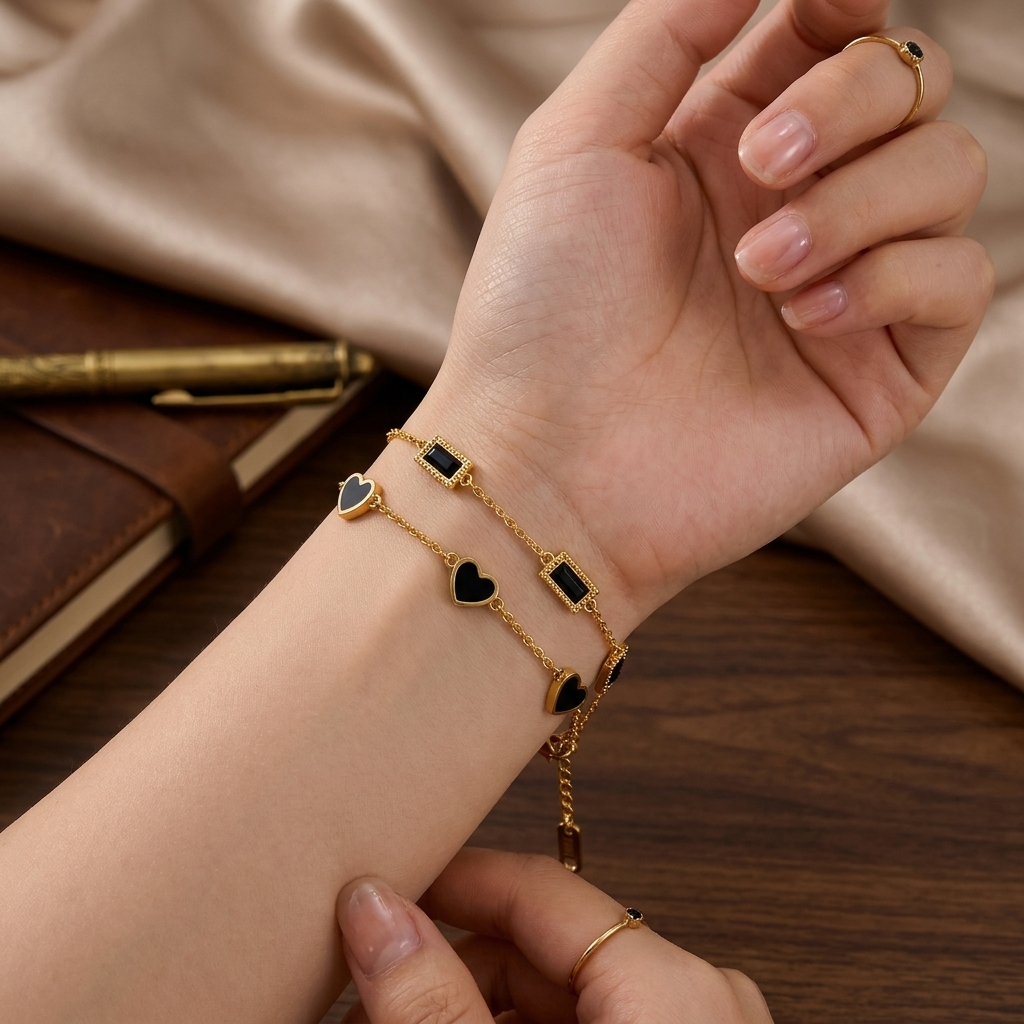 Double Layer Black Heart Bracelet - Premium Gold Plated view 3