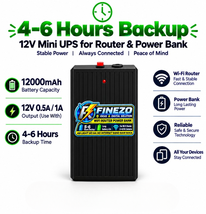 Finezo WiFi Router Power Bank 12000mAh 12V – Mini UPS 0.5A/1A, 5–6 Hours Backup, Portable WiFi Router Power Backup Supply view 4