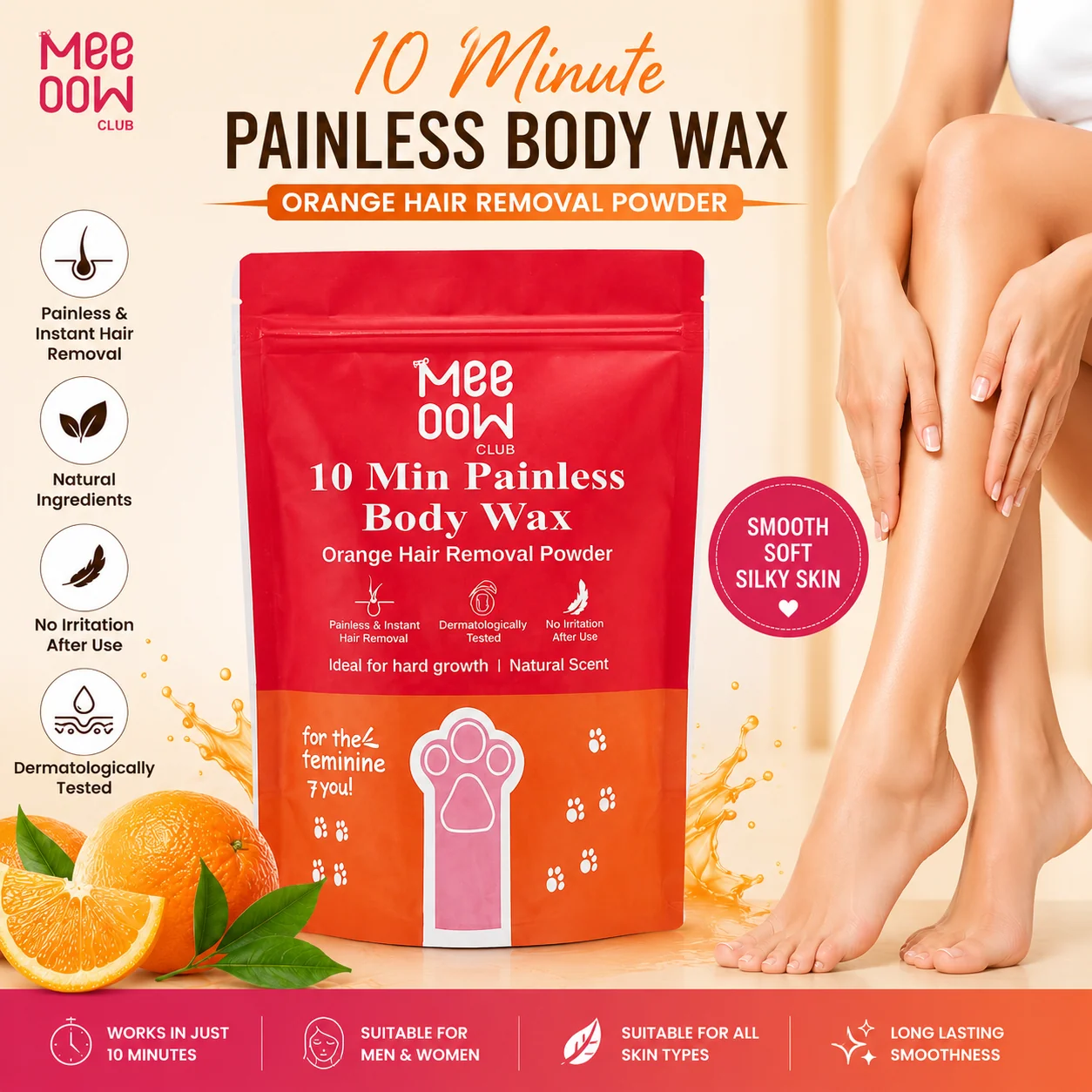 Meeoow Club 10 Min Painless Body Wax Orange Hair Removal Powder for Women | 75g