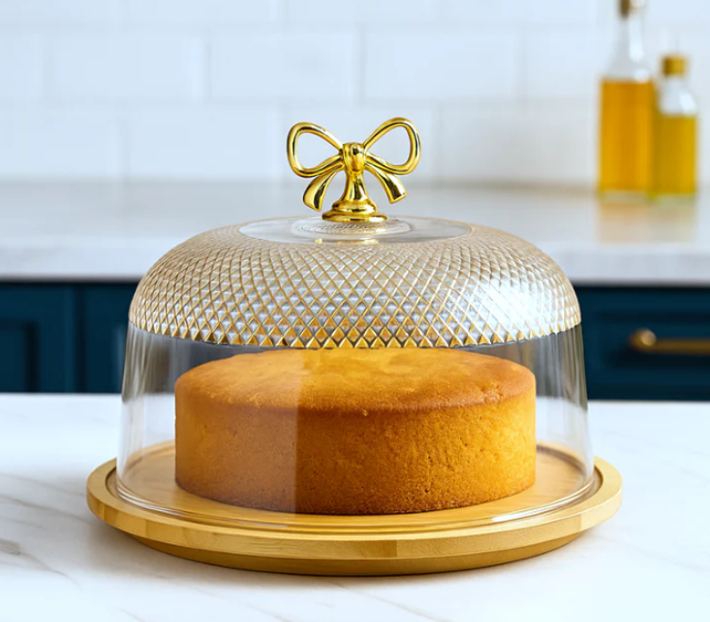 Elegant Glass Cake Dish with Wood Base view 3
