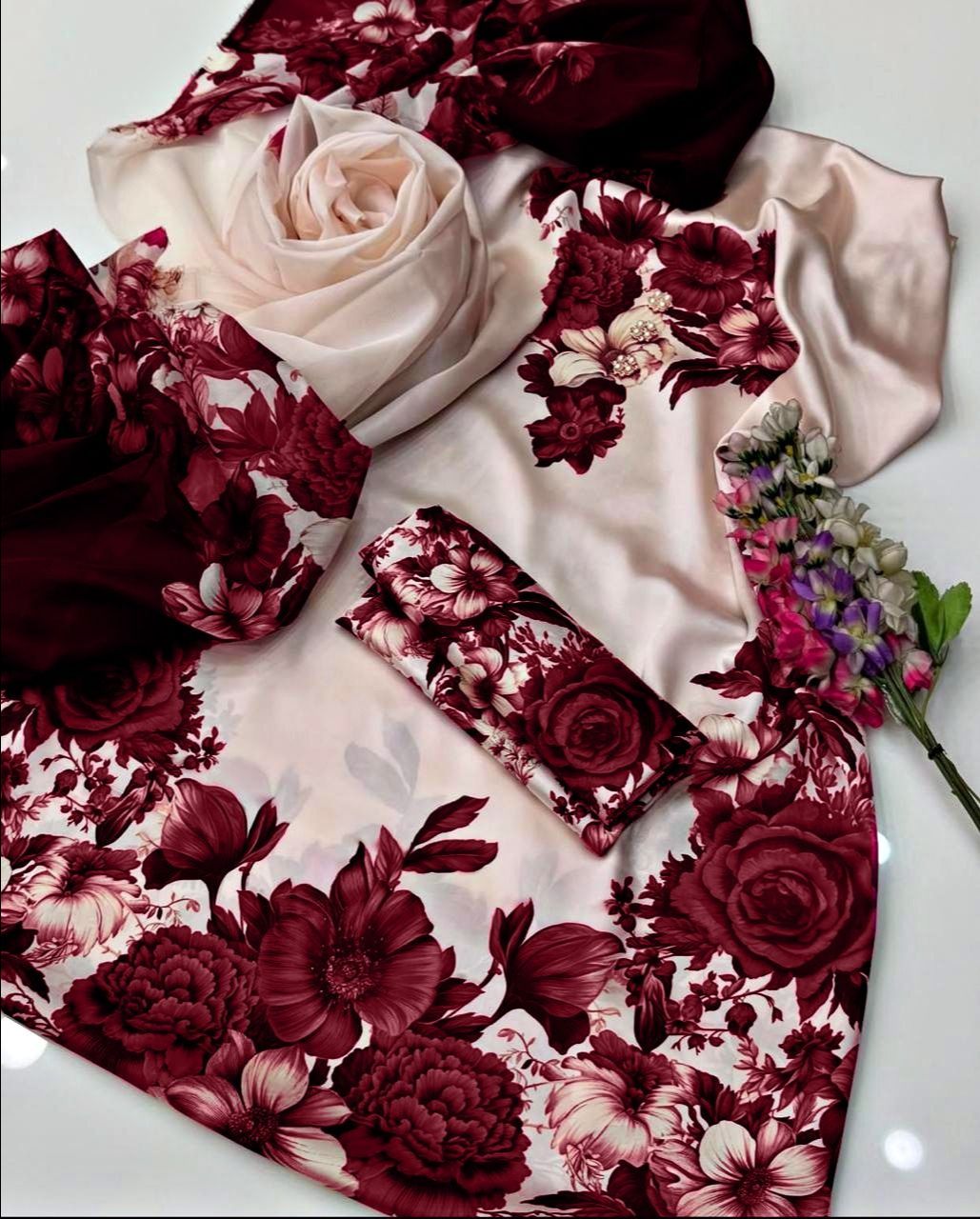 3 PCS Silky Suit with Airline Shirt - Digital Printed - Unstitched view 3