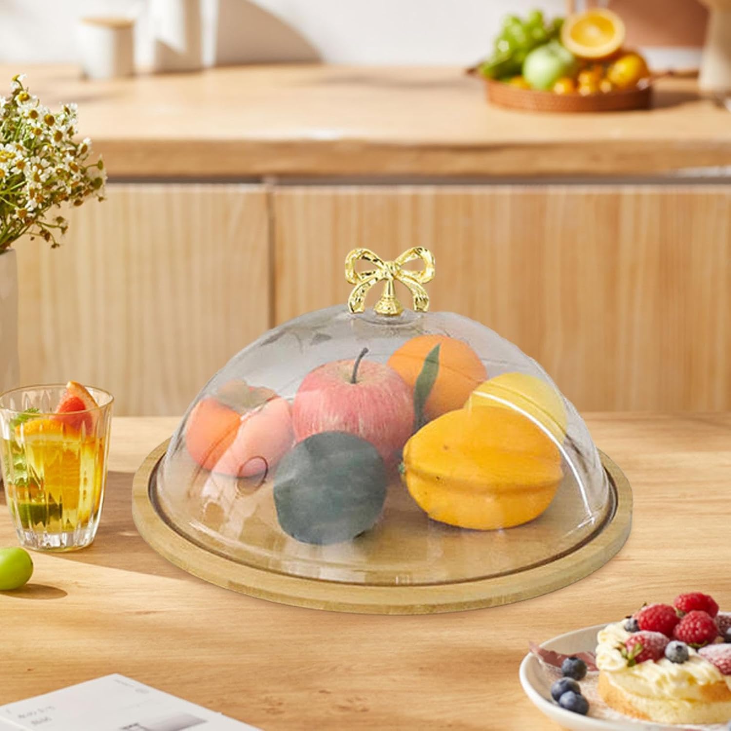 Small Wooden Base Cake Dish with Glass Dome Cover view 2