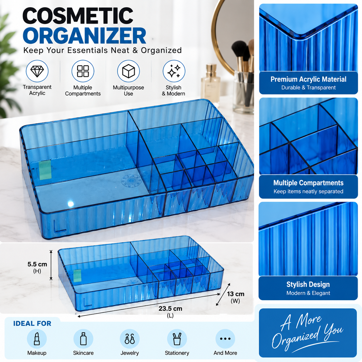 Transparent Blue Cosmetic Organizer with Multiple Compartments