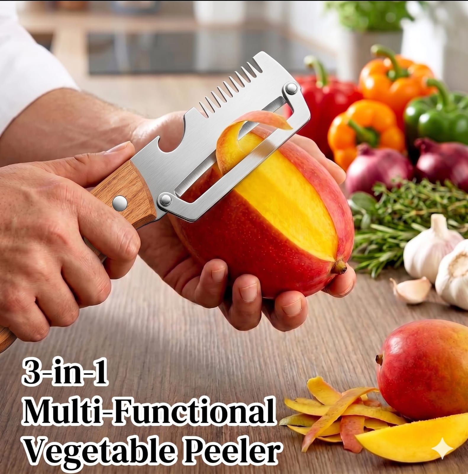 Stainless Steel Vegetable Peeler Knife with Ergonomic Wooden Handle view 4