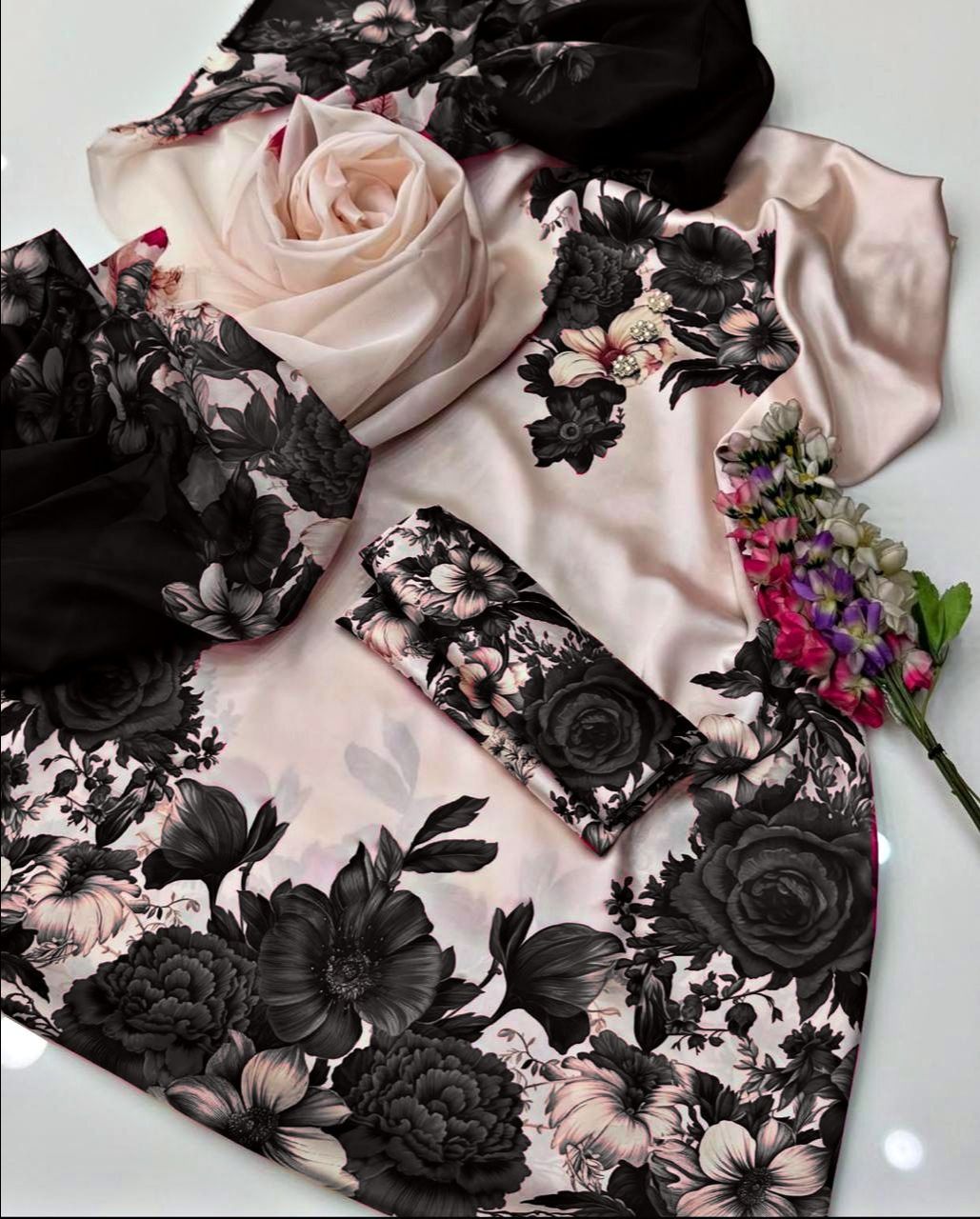 3 PCS Silky Suit with Airline Shirt - Digital Printed - Unstitched view 5