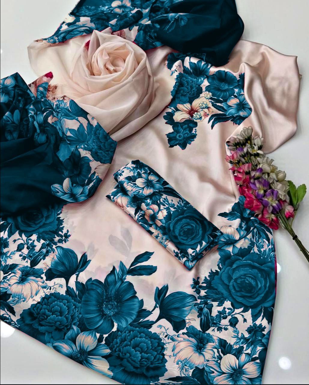 3 PCS Silky Suit with Airline Shirt - Digital Printed - Unstitched