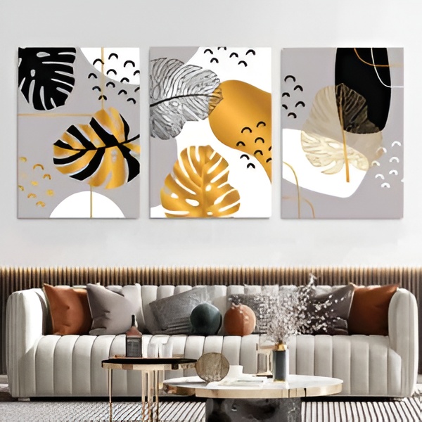 3-Piece Abstract Gold & Grey Leaf Wall Art MDF Frames Set