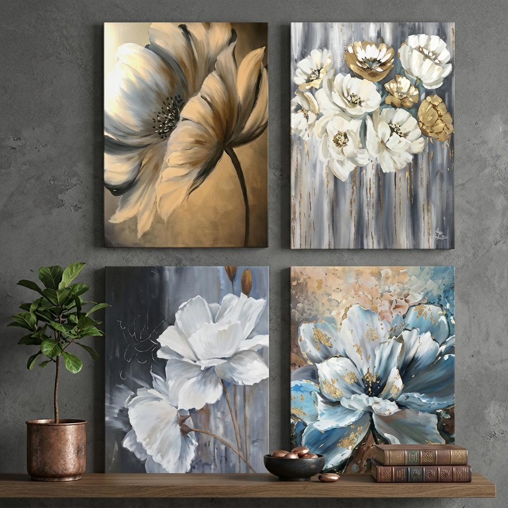 4-Piece Elegant Floral Art MDF Wall Frames Set