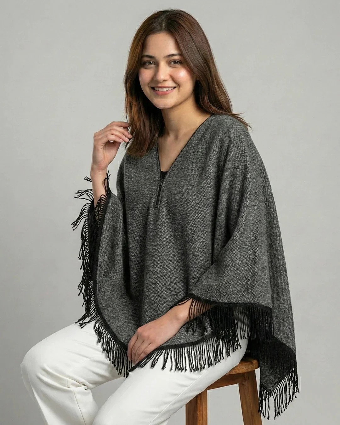 Women's Fleece Winter Poncho Cape - Zip Neck with Fringe view 4
