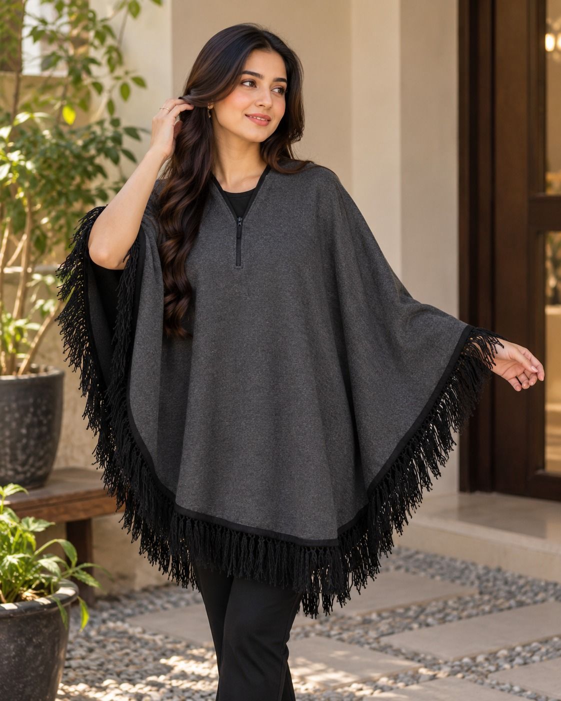 Women's Fleece Winter Poncho Cape - Zip Neck with Fringe view 3