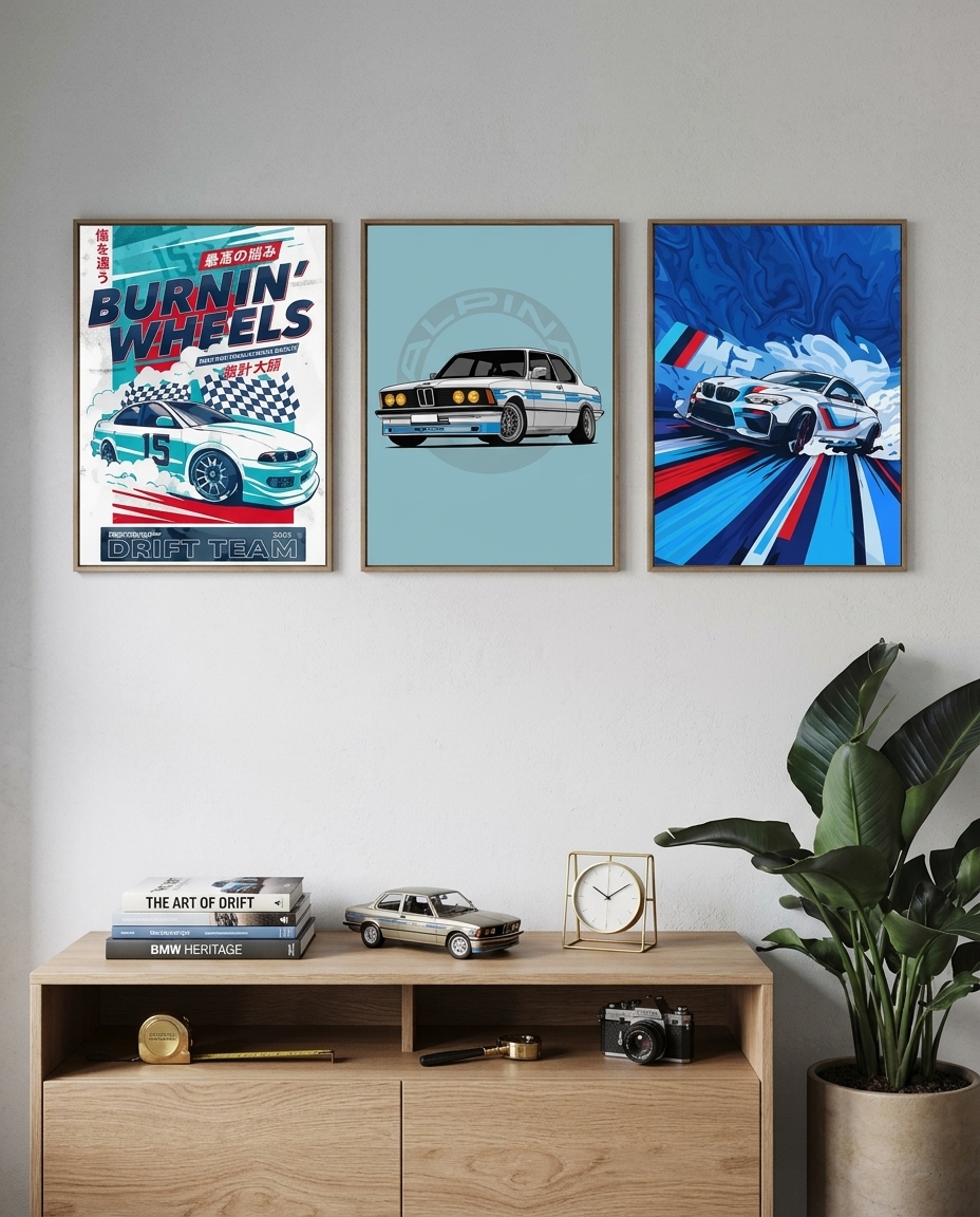 Blue Drift Sport Car 3-Piece Decorative HD MDF Wall Art Frame Set