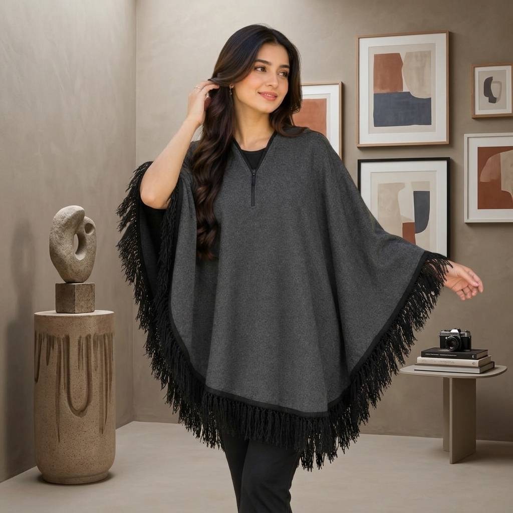 Women's Fleece Winter Poncho Cape - Zip Neck with Fringe view 2