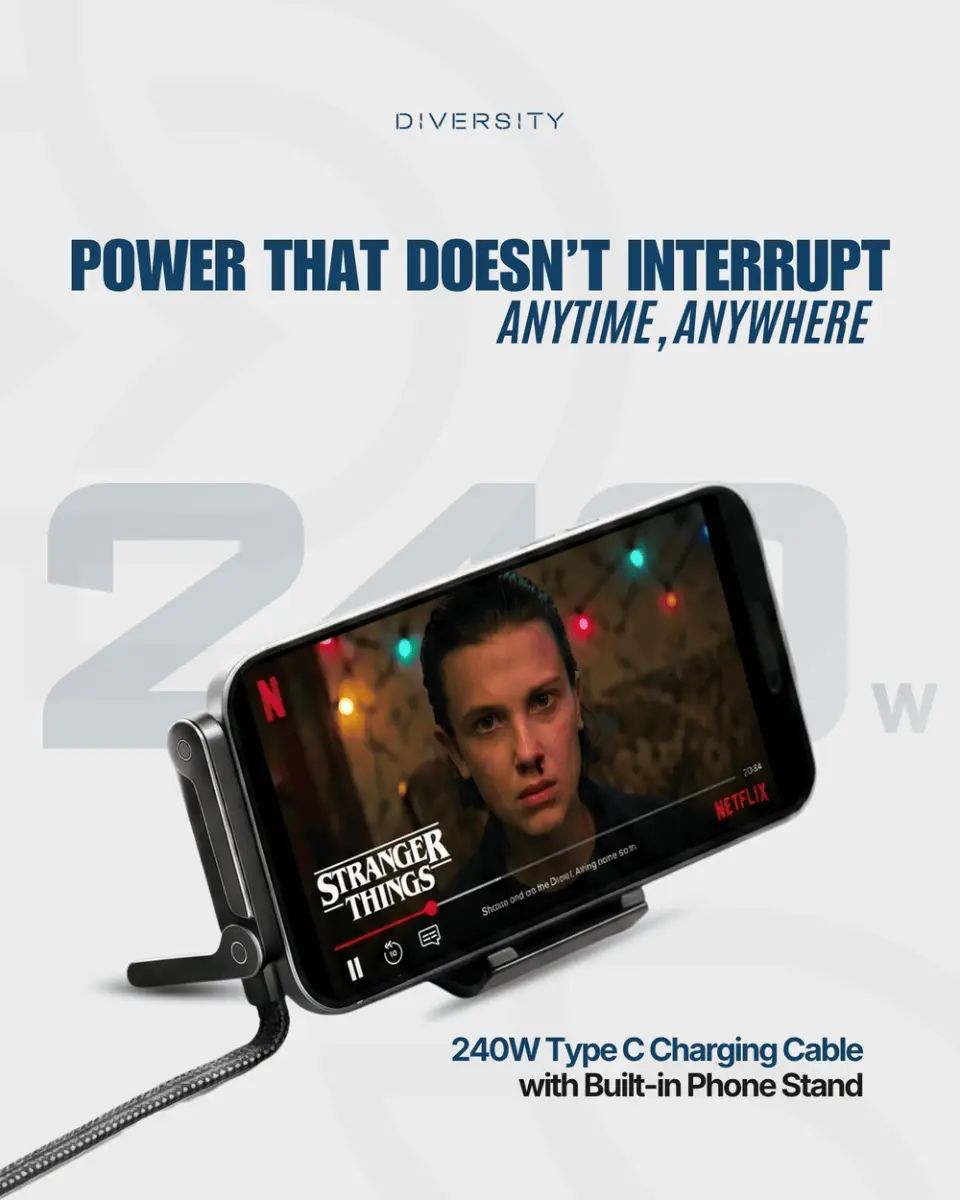 240W Fast Charging & Data Cable with Integrated Phone Stand (With Box) view 3