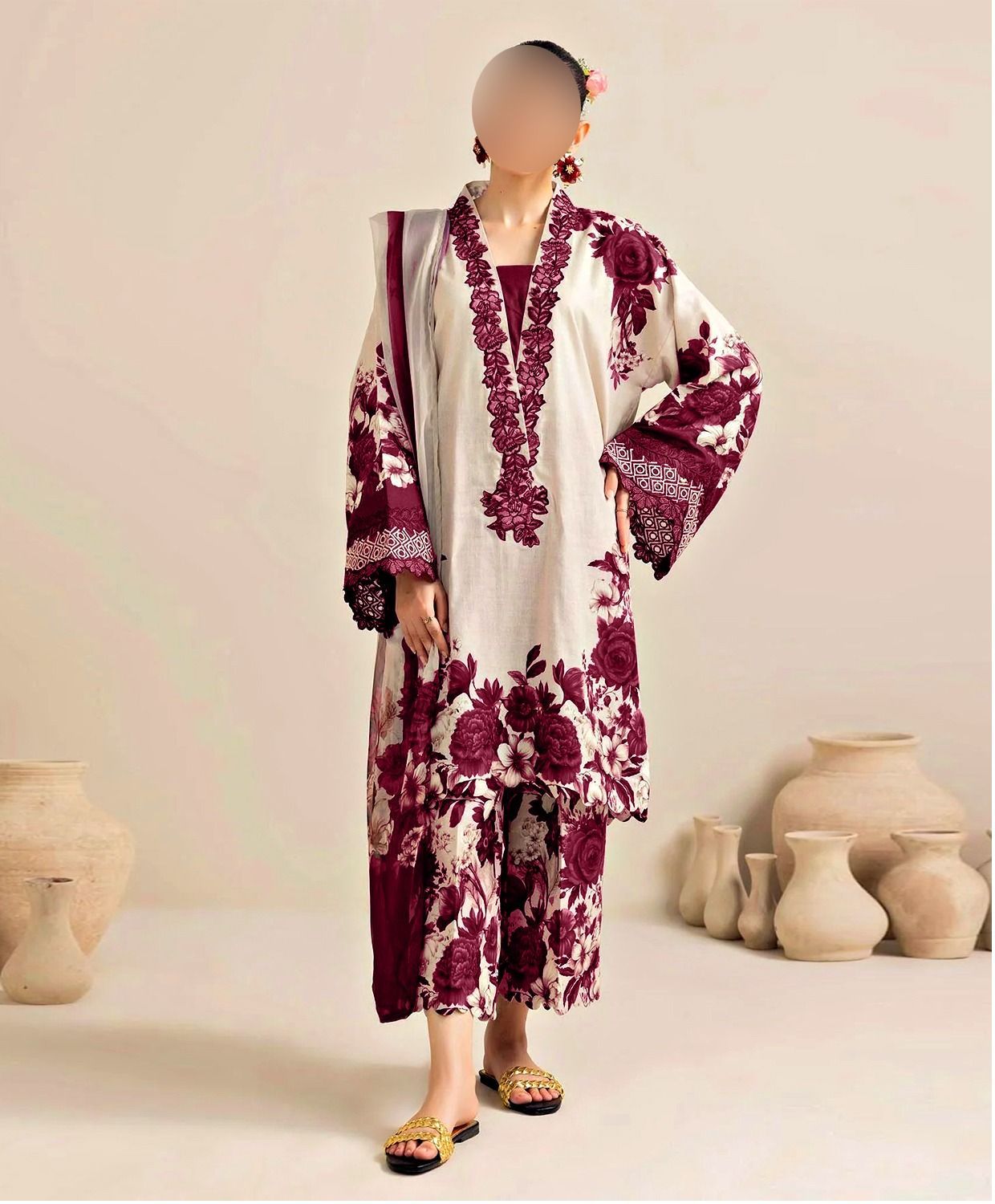 3 PCS Silky Suit with Airline Shirt - Digital Printed - Unstitched view 2