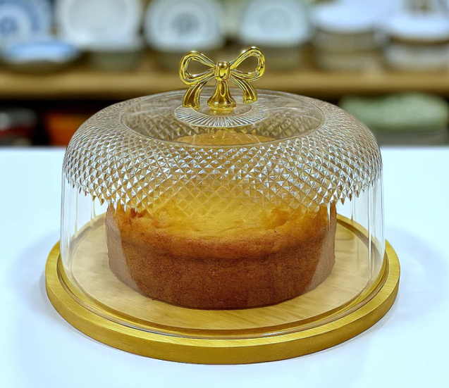 Elegant Glass Cake Dish with Wood Base