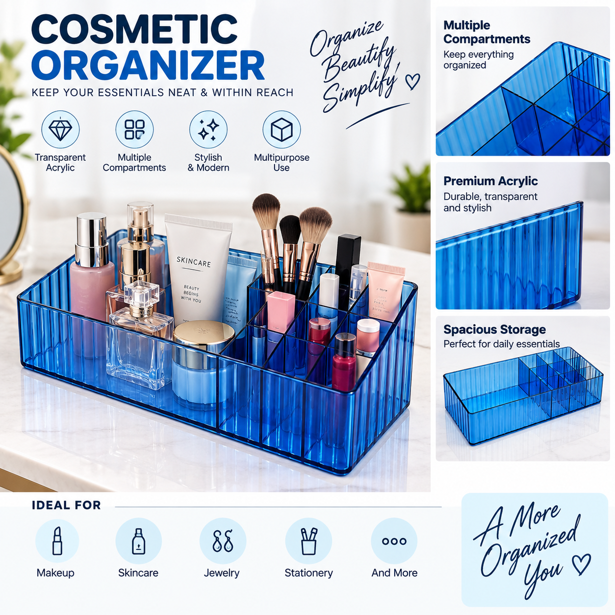 Transparent Blue Cosmetic Organizer with Multiple Compartments view 2