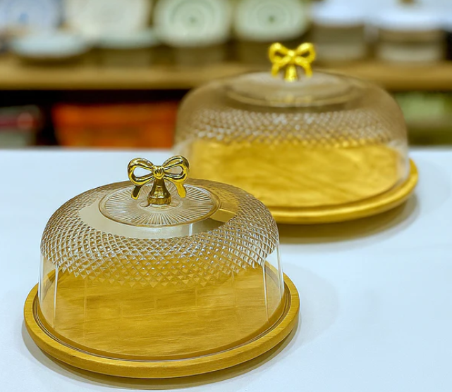 Elegant Glass Cake Dish with Wood Base view 2