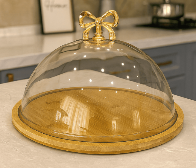 Small Wooden Base Cake Dish with Glass Dome Cover view 3