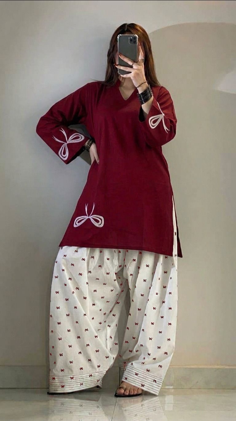 Bow Embroidered Cotton Farshi Shalwar 2-Piece Suit view 2
