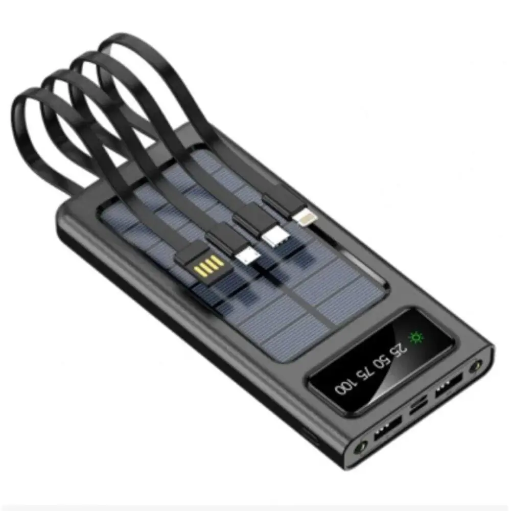Solar Power Bank with 4 Built-in Cables 10000MAH – LED Digital Battery Display, Solar & USB Charging | Portable Multi-Device Charger for Smartphones & Gadgets view 2