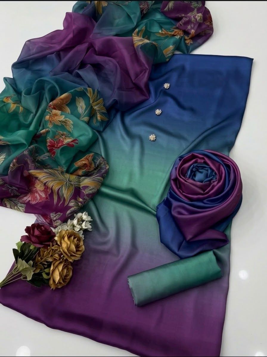 3-Piece Multishaded Silky Airline Suit (Unstitched) – Design 19 | Premium Soft Silk Dress Set view 2