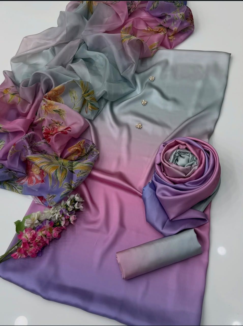 3-Piece Multishaded Silky Airline Suit (Unstitched) – Design 23 | Premium Soft Silk Dress Set view 3