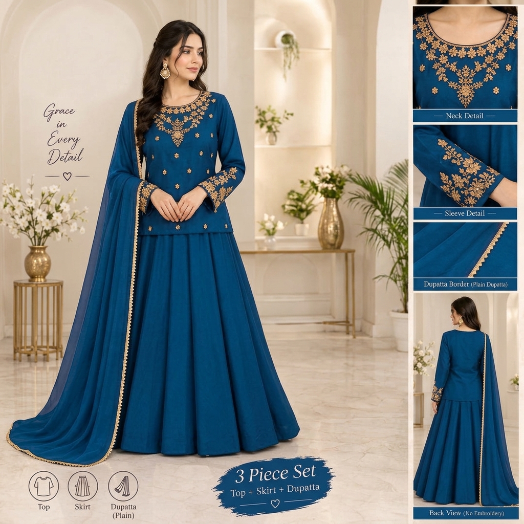 Elegant 3-Piece Pure Shamose Silk Wedding Set - Handwork Design view 3