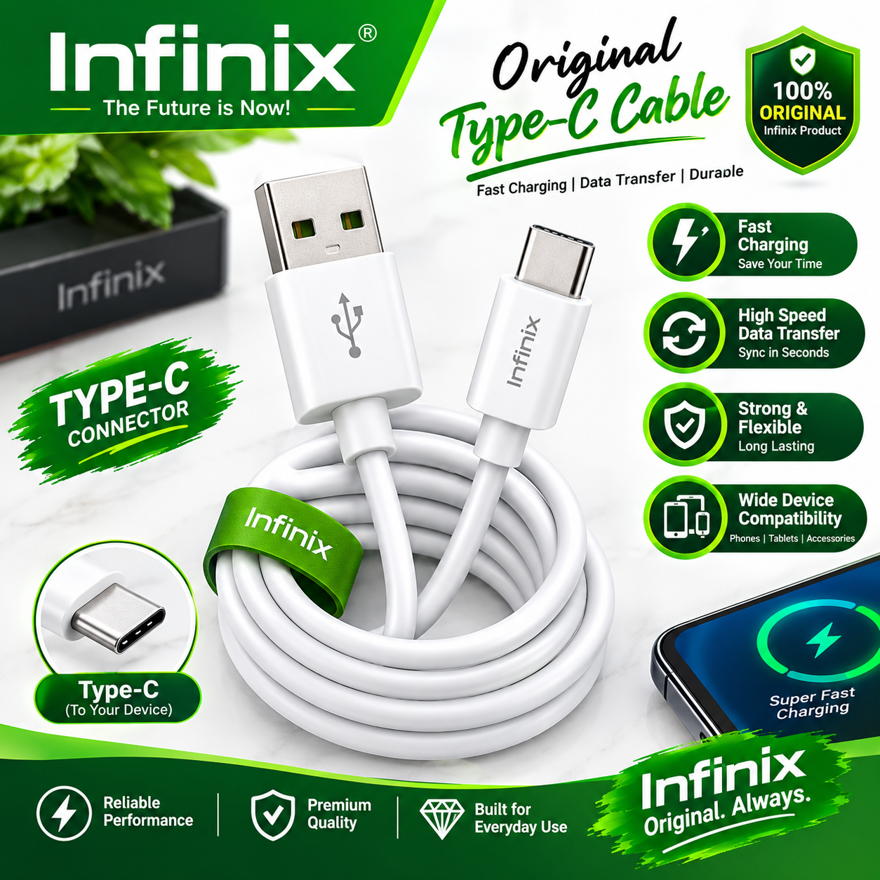 Original Infinix Type-C USB Charging Cable – Fast Charging & High-Speed Data Transfer | Durable White USB Type-C Cable for Compatible Smartphones