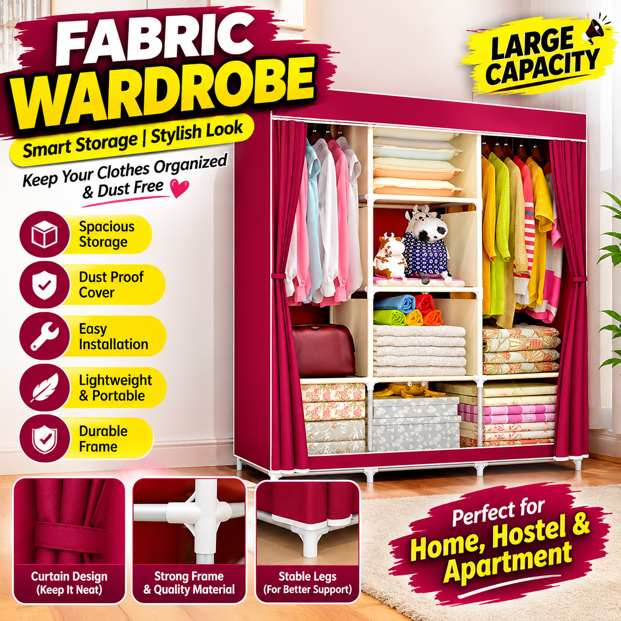 Premium Fabric Wardrobe with Dustproof Cover – Large Capacity Portable Clothes Organizer | Stylish Storage Cabinet for Home, Bedroom & Hostel