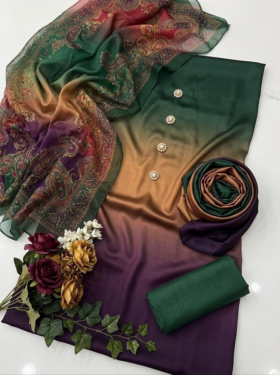 3-Piece Multishaded Digital Printed Silky Airline Suit - Design 16 view 3