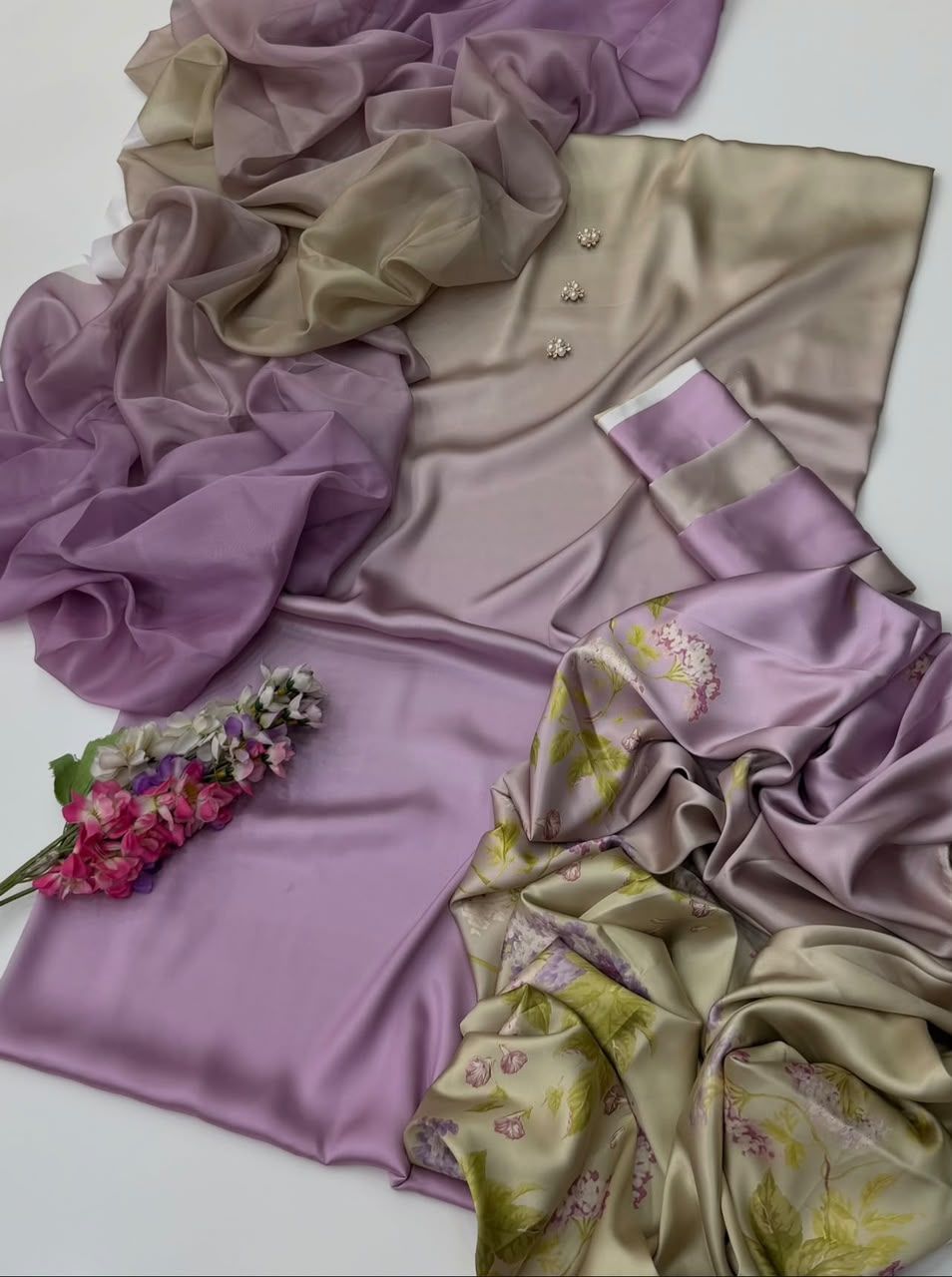3-Piece Multishaded Silky Airline Suit (Unstitched) – Design 20 | Premium Soft Silk Dress Set view 2