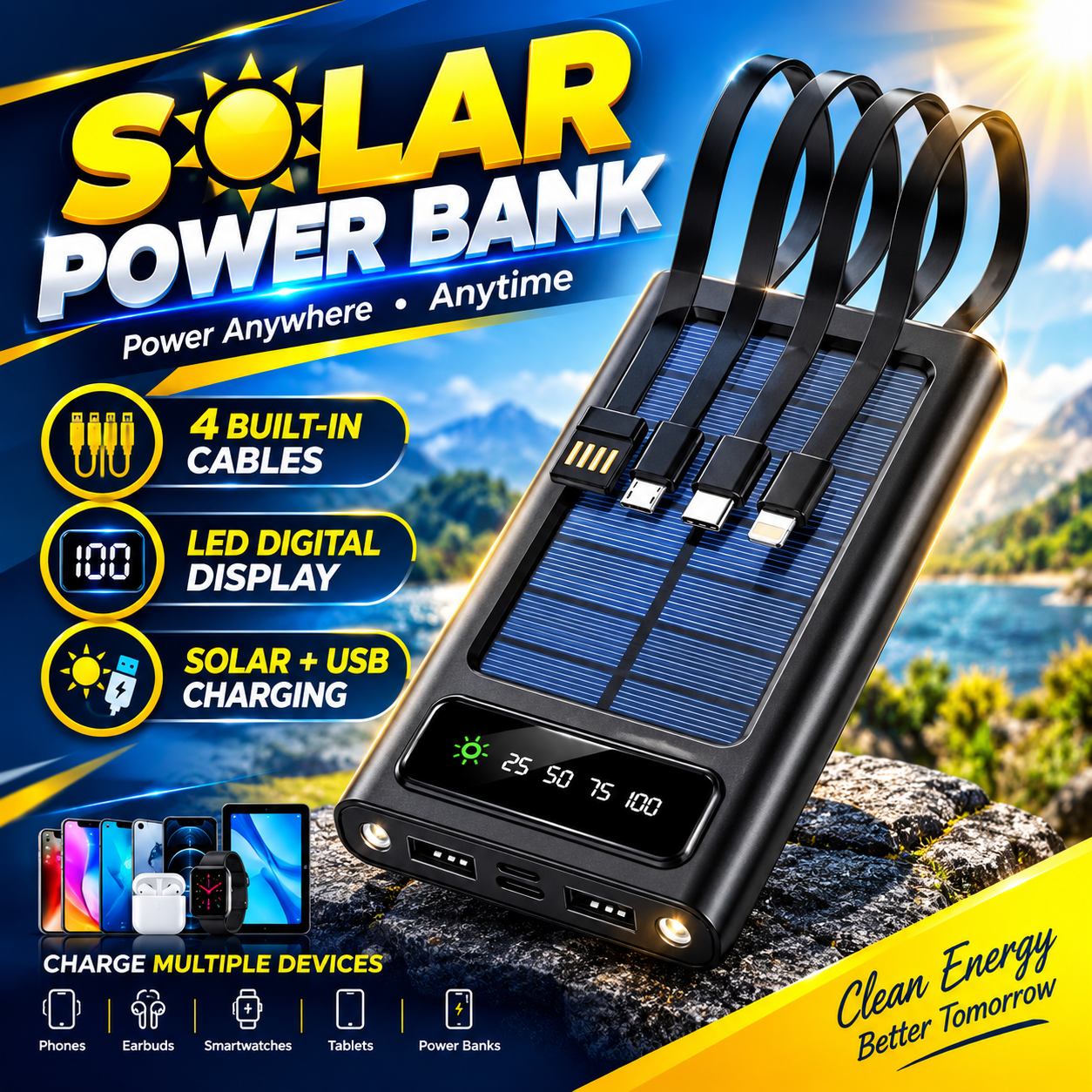 Solar Power Bank with 4 Built-in Cables 10000MAH – LED Digital Battery Display, Solar & USB Charging | Portable Multi-Device Charger for Smartphones & Gadgets