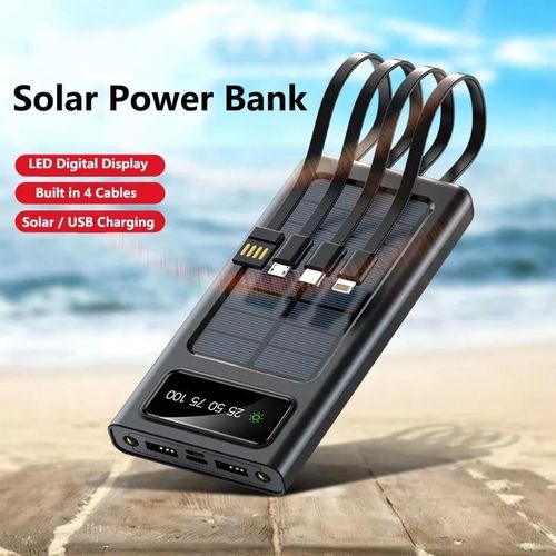 Solar Power Bank with 4 Built-in Cables 10000MAH – LED Digital Battery Display, Solar & USB Charging | Portable Multi-Device Charger for Smartphones & Gadgets view 4