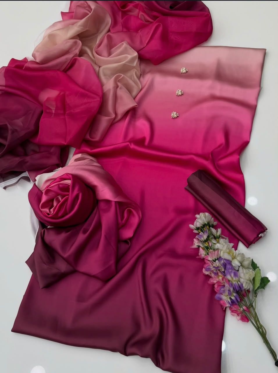 3-Piece Multishaded Silky Airline Suit (Unstitched) – Design 21 | Premium Soft Silk Dress Set view 3