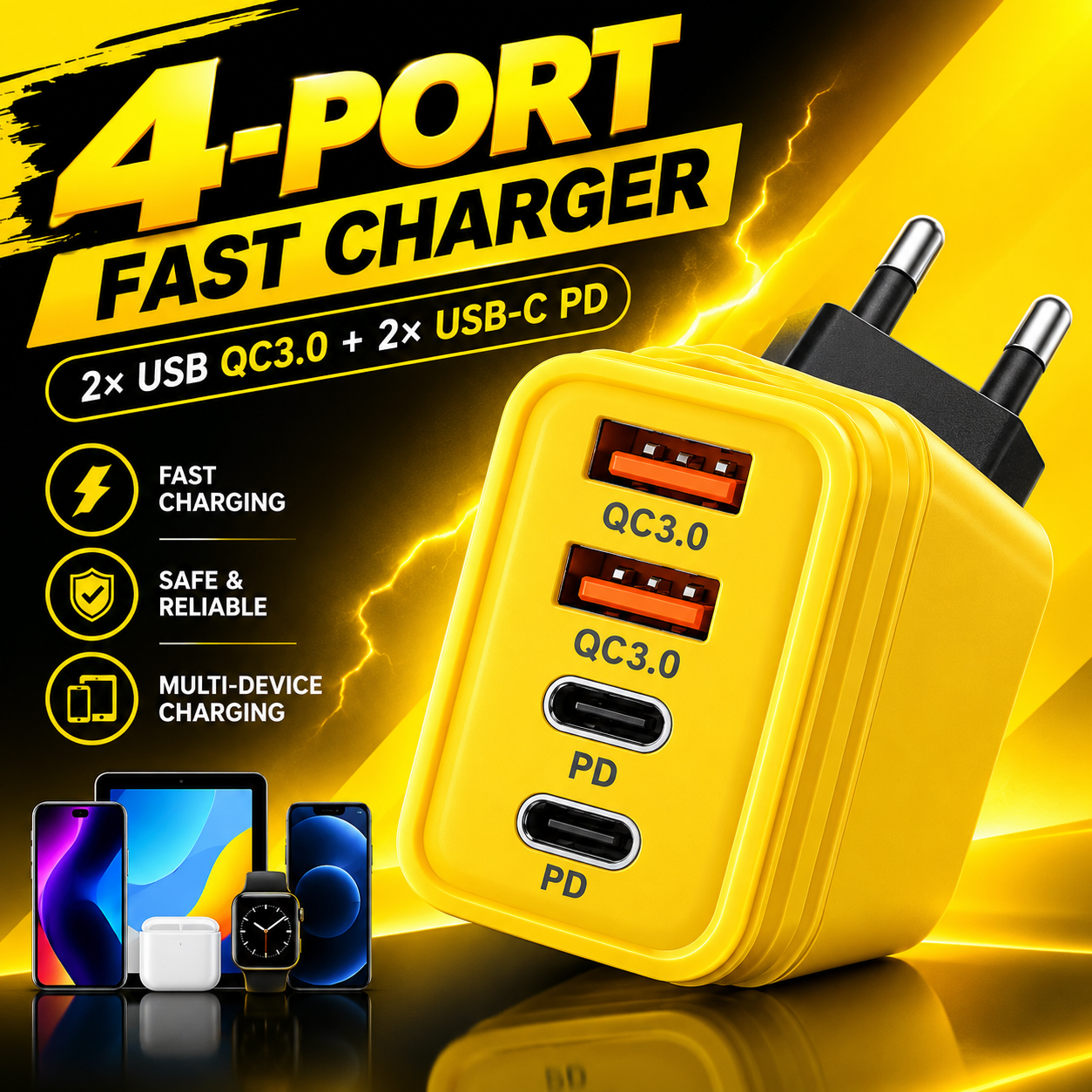240W Fast Charging Adapter 100% Original – 4-Port USB & Type-C PD/QC3.0 Wall Charger | High-Speed Multi-Device Charger for Smartphones & Gadgets view 3