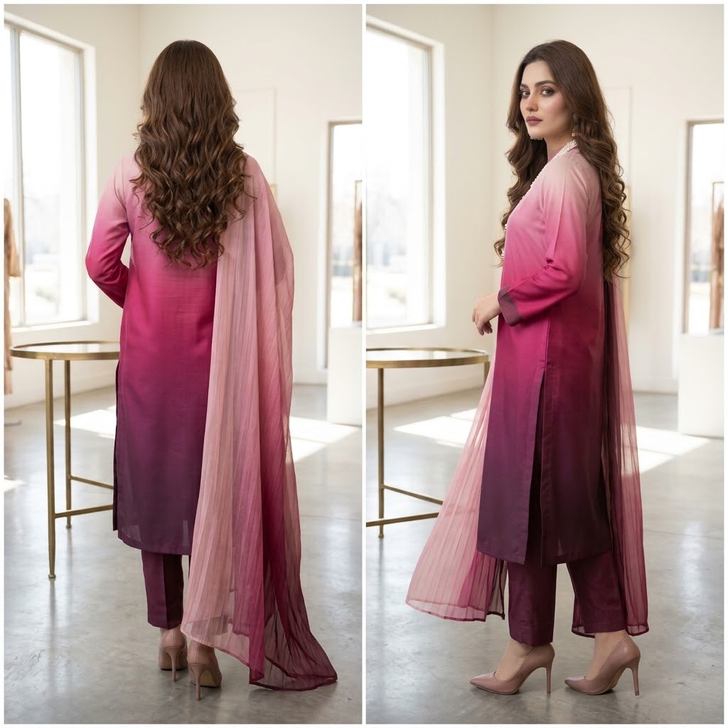 3-Piece Multishaded Silky Airline Suit (Unstitched) – Design 21 | Premium Soft Silk Dress Set view 2