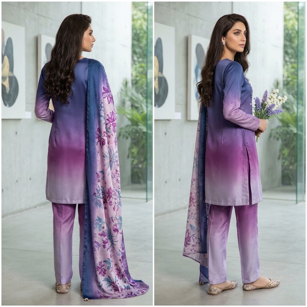 3-Piece Multishaded Digital Printed Silky Airline Suit - Design 14 Elevate your style with this elegant 3-piece multishaded digital printed Silky Airline suit. Featuring a beautiful blend view 2