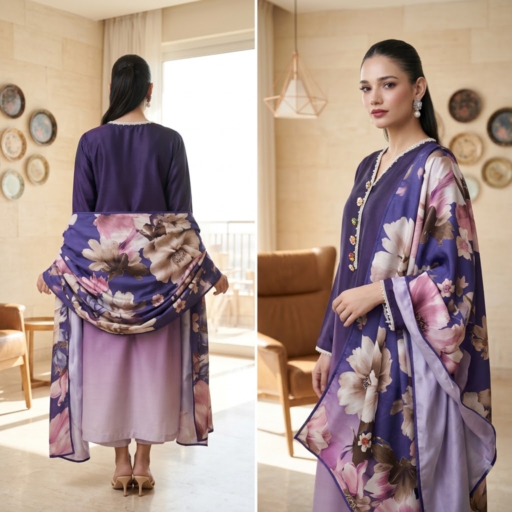 3-Piece Multishaded Silky Airline Suit (Unstitched) – Design 24 | Premium Soft Silk Dress Set view 2