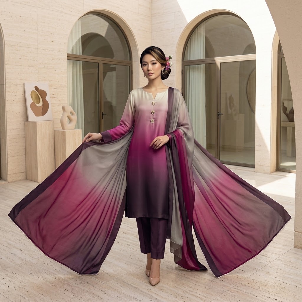 3-Piece Multishaded Silky Airline Suit (Unstitched) – Design 25 | Premium Soft Silk Dress Set
