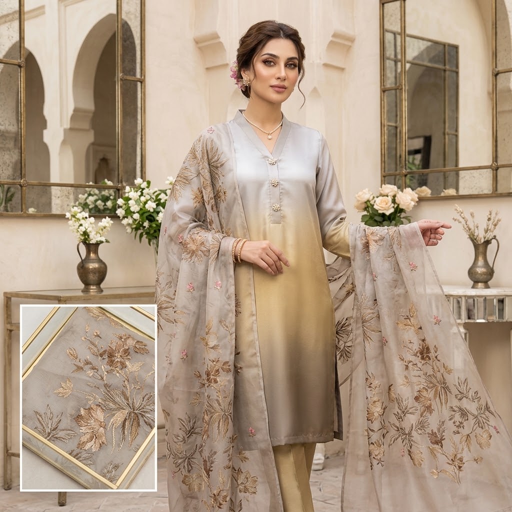 3-Piece Multishaded Digital Printed Silky Airline Suit – Design 18 Elevate your style with this elegant 3-piece multishaded digital printed Silky Airline suit. Featuring a beautiful blend view 2