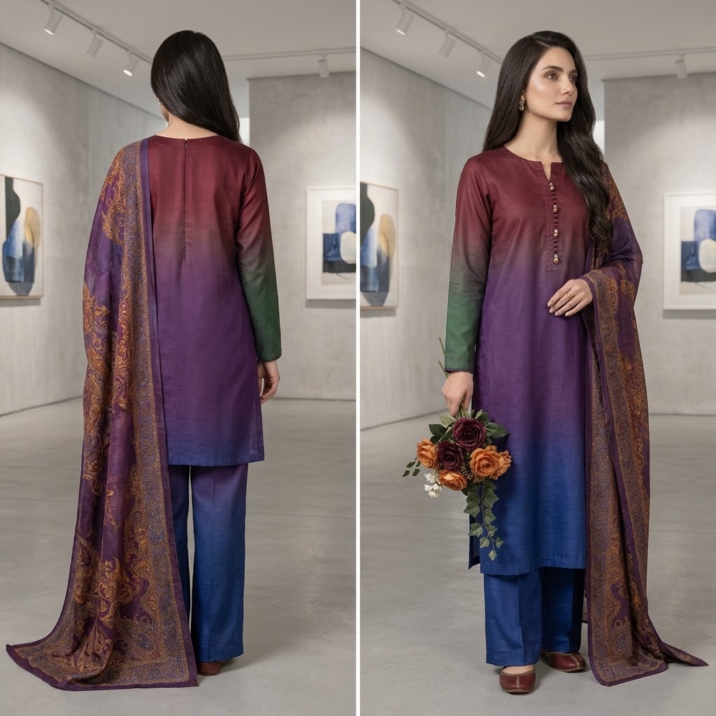 3-Piece Multishaded Digital Printed Silky Airline Suit - Design 13